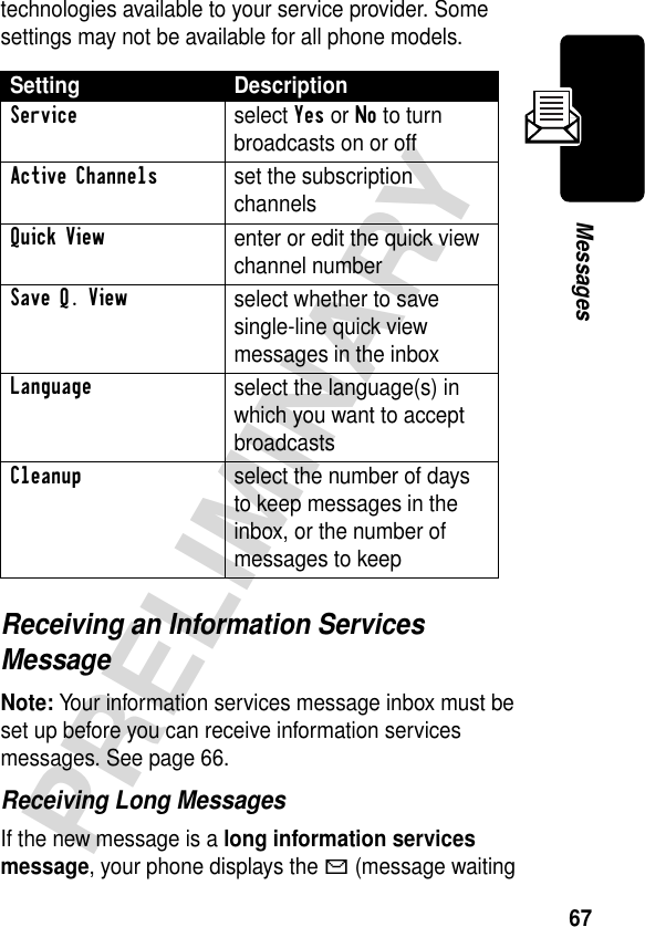 67PRELIMINARYMessagestechnologies available to your service provider. Some settings may not be available for all phone models.Receiving an Information Services MessageNote: Your information services message inbox must be set up before you can receive information services messages. See page 66.Receiving Long MessagesIf the new message is a long information services message, your phone displays the g (message waiting Setting DescriptionService select Yes or No to turn broadcasts on or offActive Channelsset the subscription channelsQuick Viewenter or edit the quick view channel numberSave Q. Viewselect whether to save single-line quick view messages in the inboxLanguageselect the language(s) in which you want to accept broadcastsCleanupselect the number of days to keep messages in the inbox, or the number of messages to keep