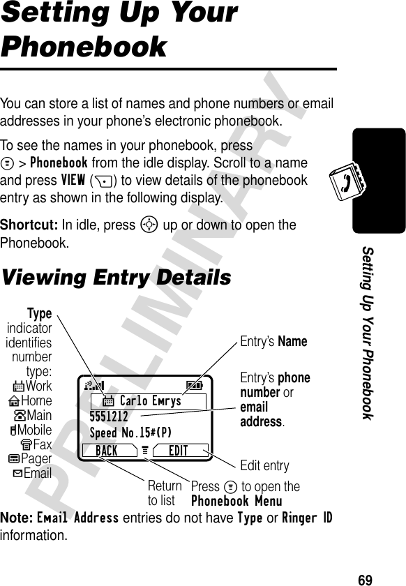 69PRELIMINARYSetting Up Your PhonebookSetting Up Your PhonebookYou can store a list of names and phone numbers or email addresses in your phone’s electronic phonebook. To see the names in your phonebook, press M&gt;Phonebook from the idle display. Scroll to a name and press VIEW(+) to view details of the phonebook entry as shown in the following display.Shortcut: In idle, press S up or down to open the Phonebook.Viewing Entry DetailsNote: Email Address entries do not have Type or Ringer ID information.TCarlo Emrys5551212Speed No.15#(P)BACK EDITG 59Entry’s phone number or email address.Typeindicatoridentifiesnumbertype:TWorkPHomeOMainQMobileSFaxRPagerhEmailEntry’s NameEdit entryPress M to open the Phonebook MenuReturn to list