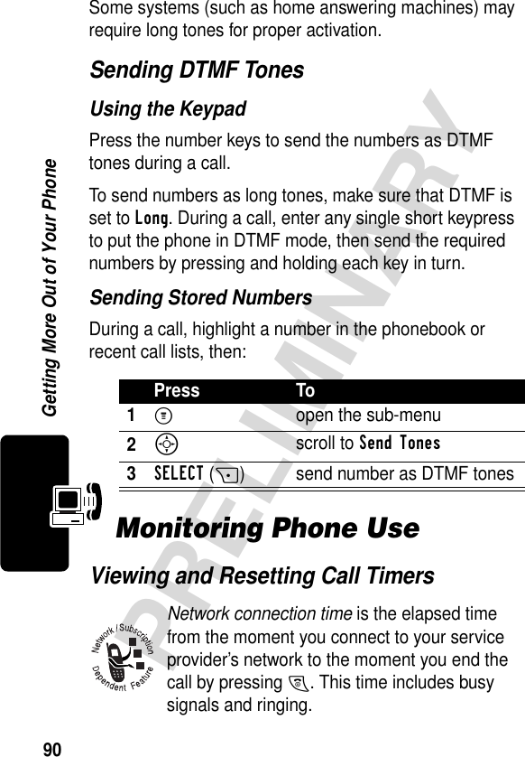 90PRELIMINARYGetting More Out of Your PhoneSome systems (such as home answering machines) may require long tones for proper activation.Sending DTMF TonesUsing the KeypadPress the number keys to send the numbers as DTMF tones during a call.To send numbers as long tones, make sure that DTMF is set to Long. During a call, enter any single short keypress to put the phone in DTMF mode, then send the required numbers by pressing and holding each key in turn.Sending Stored NumbersDuring a call, highlight a number in the phonebook or recent call lists, then:Monitoring Phone UseViewing and Resetting Call TimersNetwork connection time is the elapsed time from the moment you connect to your service provider’s network to the moment you end the call by pressing O. This time includes busy signals and ringing.Press To1M open the sub-menu2S scroll to Send Tones3SELECT(+) send number as DTMF tones