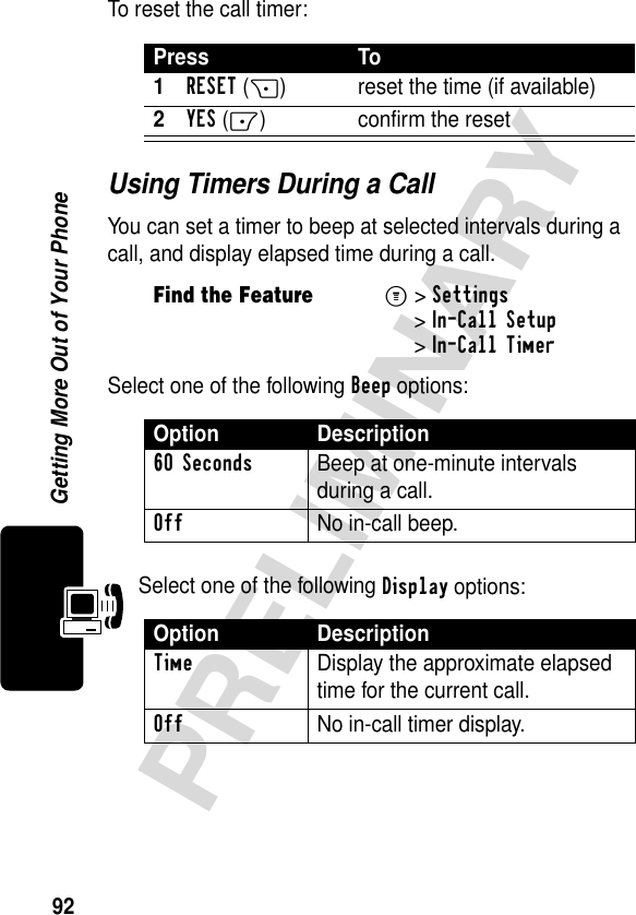 92PRELIMINARYGetting More Out of Your PhoneTo reset the call timer:Using Timers During a CallYou can set a timer to beep at selected intervals during a call, and display elapsed time during a call.Select one of the following Beep options:Select one of the following Display options:Press To1RESET(+) reset the time (if available)2YES(-) confirm the resetFind the FeatureM&gt;Settings &gt;In-Call Setup &gt;In-Call TimerOption Description60 Seconds  Beep at one-minute intervals during a call.Off No in-call beep.Option DescriptionTime  Display the approximate elapsed time for the current call.Off  No in-call timer display.