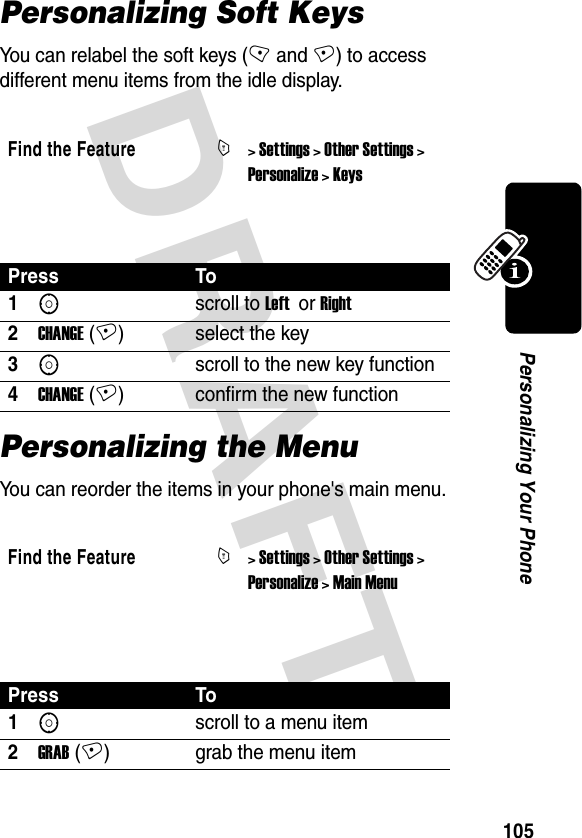 DRAFT 105Personalizing Your PhonePersonalizing Soft KeysYou can relabel the soft keys (- and +) to access different menu items from the idle display. Personalizing the MenuYou can reorder the items in your phone&apos;s main menu. Find the FeatureM&gt; Settings &gt; Other Settings &gt; Personalize &gt; KeysPress To1Sscroll to Left  or Right2CHANGE (+) select the key3Sscroll to the new key function4CHANGE (+) confirm the new functionFind the FeatureM&gt; Settings &gt; Other Settings &gt; Personalize &gt; Main MenuPress To1Sscroll to a menu item2GRAB (+) grab the menu item