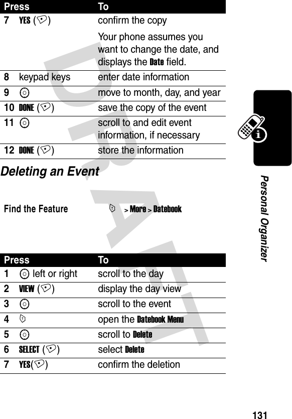 DRAFT 131Personal OrganizerDeleting an Event 7YES (+) confirm the copyYour phone assumes you want to change the date, and displays the Date field.8keypad keys enter date information9Smove to month, day, and year10DONE (+) save the copy of the event11Sscroll to and edit event information, if necessary12DONE (+) store the informationFind the FeatureM&gt; More &gt; DatebookPress To1S left or right scroll to the day2VIEW (+) display the day view3Sscroll to the event4Mopen the Datebook Menu5Sscroll to Delete6SELECT (+)selectDelete7YES(+) confirm the deletionPress To