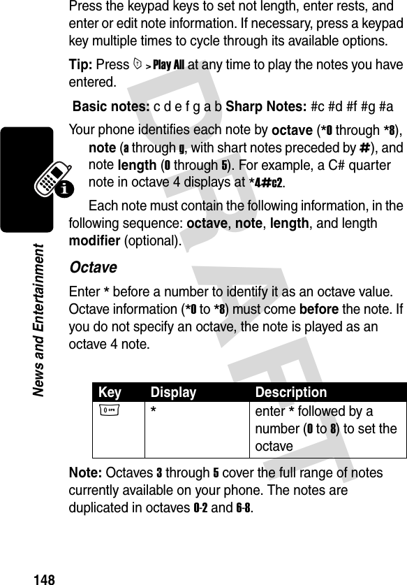 DRAFT 148News and EntertainmentPress the keypad keys to set not length, enter rests, and enter or edit note information. If necessary, press a keypad key multiple times to cycle through its available options.Tip: Press M &gt; Play All at any time to play the notes you have entered. Basic notes: c d e f g a b Sharp Notes: #c #d #f #g #aYour phone identifies each note by octave (*0 through *8), note (a through g, with shart notes preceded by #), and note length (0 through 5). For example, a C# quarter note in octave 4 displays at *4#c2.Each note must contain the following information, in the following sequence: octave, note, length, and length modifier (optional).OctaveEnter * before a number to identify it as an octave value. Octave information (*0 to *8) must come before the note. If you do not specify an octave, the note is played as an octave 4 note.Note: Octaves 3 through 5 cover the full range of notes currently available on your phone. The notes are duplicated in octaves 0-2 and 6-8.Key Display Description0*enter * followed by a number (0 to 8) to set the octave