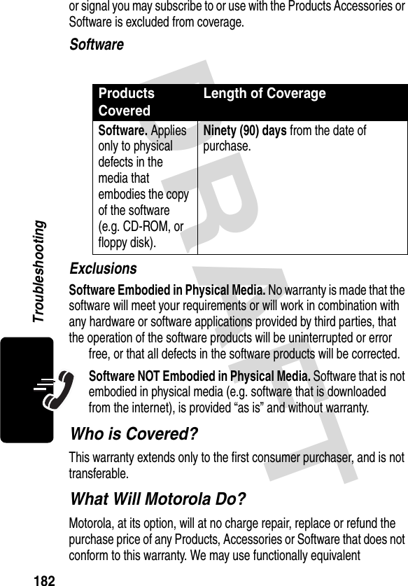 DRAFT 182Troubleshootingor signal you may subscribe to or use with the Products Accessories or Software is excluded from coverage.SoftwareExclusionsSoftware Embodied in Physical Media. No warranty is made that the software will meet your requirements or will work in combination with any hardware or software applications provided by third parties, that the operation of the software products will be uninterrupted or error free, or that all defects in the software products will be corrected.Software NOT Embodied in Physical Media. Software that is not embodied in physical media (e.g. software that is downloaded from the internet), is provided “as is” and without warranty.Who is Covered?This warranty extends only to the first consumer purchaser, and is not transferable.What Will Motorola Do?Motorola, at its option, will at no charge repair, replace or refund the purchase price of any Products, Accessories or Software that does not conform to this warranty. We may use functionally equivalent Products CoveredLength of CoverageSoftware. Applies only to physical defects in the media that embodies the copy of the software (e.g. CD-ROM, or floppy disk).Ninety (90) days from the date of purchase.