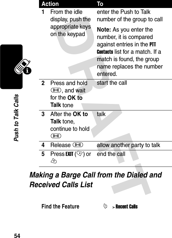 DRAFT 54Push to Talk CallsMaking a Barge Call from the Dialed and Received Calls List Action To1From the idle display, push the appropriate keys on the keypadenter the Push to Talk number of the group to callNote: As you enter the number, it is compared against entries in the PTT Contacts list for a match. If a match is found, the group name replaces the number entered.2Press and hold I, and wait for the OK to Talk tonestart the call3After the OK to Talk tone, continue to hold Italk4Release Iallow another party to talk5Press EXIT (-) or Oend the callFind the FeatureM&gt; Recent Calls