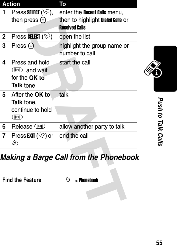 DRAFT 55Push to Talk CallsMaking a Barge Call from the Phonebook Action To1Press SELECT (+), then press Senter the Recent Calls menu, then to highlight Dialed Calls or Received Calls2Press SELECT (+) open the list3Press Shighlight the group name or number to call4Press and hold I, and wait for the OK to Talk tonestart the call5After the OK to Talk tone, continue to hold Italk6Release Iallow another party to talk7Press EXIT (-) or Oend the callFind the FeatureM&gt; Phonebook