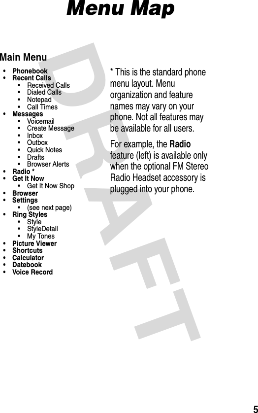 DRAFT 5Menu MapMain Menu• Phonebook• Recent Calls• Received Calls• Dialed Calls• Notepad• Call Times• Messages• Voicemail• Create Message•Inbox•Outbox• Quick Notes• Drafts• Browser Alerts• Radio *• Get It Now• Get It Now Shop•Browser• Settings• (see next page)• Ring Styles•Style• StyleDetail•My Tones• Picture Viewer• Shortcuts• Calculator• Datebook• Voice Record* This is the standard phone menu layout. Menu organization and feature names may vary on your phone. Not all features may be available for all users.For example, the Radio feature (left) is available only when the optional FM Stereo Radio Headset accessory is plugged into your phone.