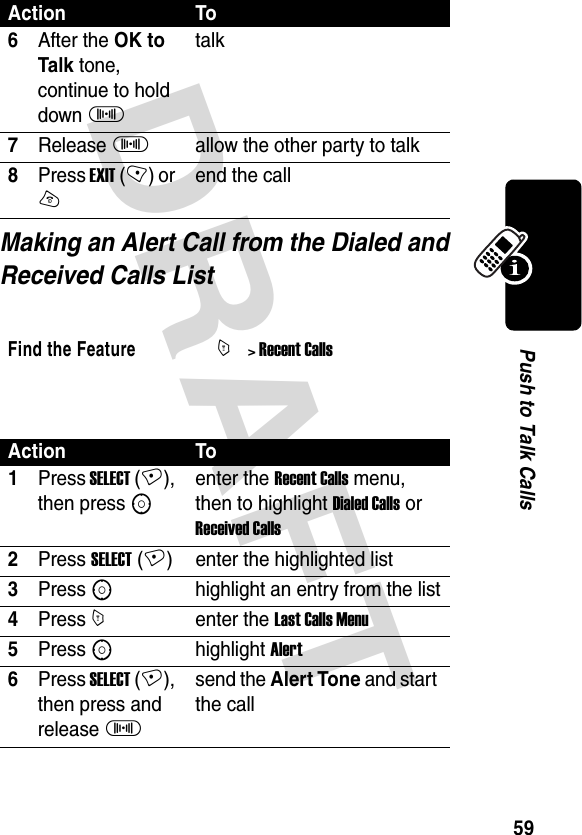 DRAFT 59Push to Talk CallsMaking an Alert Call from the Dialed and Received Calls List 6After the OK to Talk tone, continue to hold down Italk7Release Iallow the other party to talk8Press EXIT (-) or Oend the callFind the FeatureM&gt; Recent CallsAction To1Press SELECT (+), then press Senter the Recent Calls menu, then to highlight Dialed Calls or Received Calls2Press SELECT (+) enter the highlighted list3Press Shighlight an entry from the list4Press Menter the Last Calls Menu5Press Shighlight Alert6Press SELECT (+), then press and release Isend the Alert Tone and start the callAction To