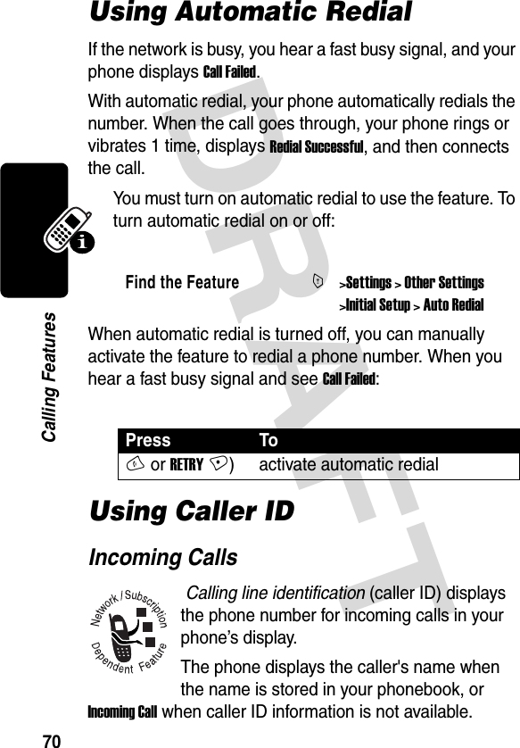 DRAFT 70Calling FeaturesUsing Automatic RedialIf the network is busy, you hear a fast busy signal, and your phone displays Call Failed.With automatic redial, your phone automatically redials the number. When the call goes through, your phone rings or vibrates 1 time, displays Redial Successful, and then connects the call.You must turn on automatic redial to use the feature. To turn automatic redial on or off:When automatic redial is turned off, you can manually activate the feature to redial a phone number. When you hear a fast busy signal and see Call Failed:Using Caller IDIncoming Calls Calling line identification (caller ID) displays the phone number for incoming calls in your phone’s display.The phone displays the caller&apos;s name when the name is stored in your phonebook, or Incoming Call when caller ID information is not available.Find the FeatureM&gt;Settings &gt; Other Settings &gt;Initial Setup &gt; Auto RedialPress ToN or RETRY +) activate automatic redial