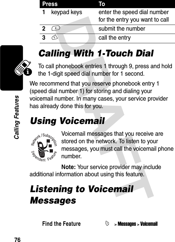 DRAFT 76Calling FeaturesCalling With 1-Touch DialTo call phonebook entries 1 through 9, press and hold the 1-digit speed dial number for 1 second.We recommend that you reserve phonebook entry 1 (speed dial number 1) for storing and dialing your voicemail number. In many cases, your service provider has already done this for you.Using VoicemailVoicemail messages that you receive are stored on the network. To listen to your messages, you must call the voicemail phone number.Note: Your service provider may include additional information about using this feature.Listening to Voicemail MessagesPress To1keypad keys enter the speed dial number for the entry you want to call2#submit the number3Ncall the entryFind the FeatureM&gt; Messages &gt; Voicemail