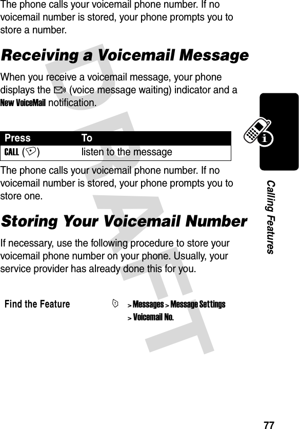 DRAFT 77Calling FeaturesThe phone calls your voicemail phone number. If no voicemail number is stored, your phone prompts you to store a number.Receiving a Voicemail MessageWhen you receive a voicemail message, your phone displays the f (voice message waiting) indicator and a New VoiceMail notification.The phone calls your voicemail phone number. If no voicemail number is stored, your phone prompts you to store one.Storing Your Voicemail NumberIf necessary, use the following procedure to store your voicemail phone number on your phone. Usually, your service provider has already done this for you. Press ToCALL (+) listen to the messageFind the FeatureM&gt; Messages &gt; Message Settings &gt; Voicemail No.