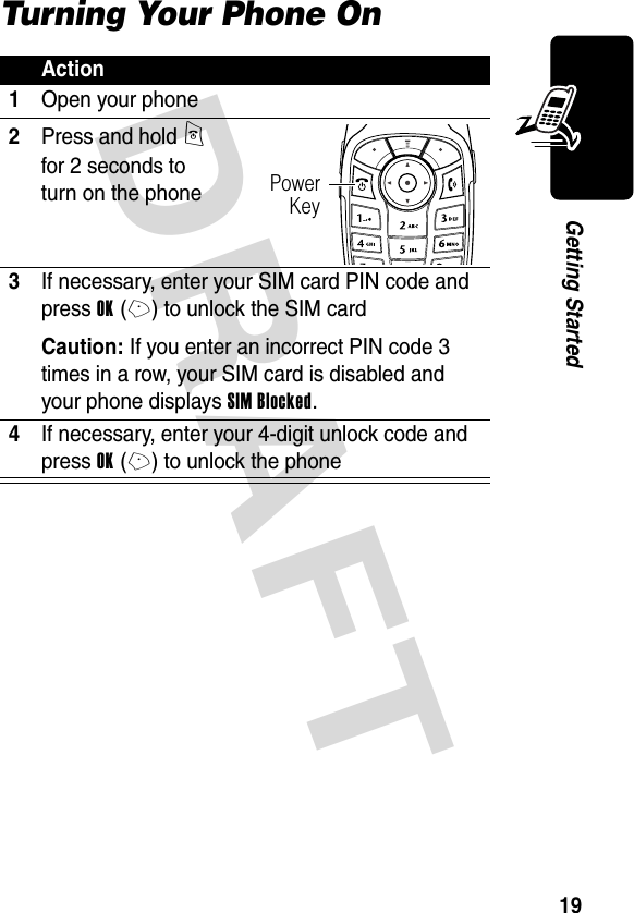 DRAFT 19Getting StartedTurning Your Phone OnAction1Open your phone2Press and hold P for 2 seconds to turn on the phone3If necessary, enter your SIM card PIN code and press OK(+) to unlock the SIM cardCaution: If you enter an incorrect PIN code 3 times in a row, your SIM card is disabled and your phone displays SIM Blocked.4If necessary, enter your 4-digit unlock code and press OK(+) to unlock the phonePowerKey