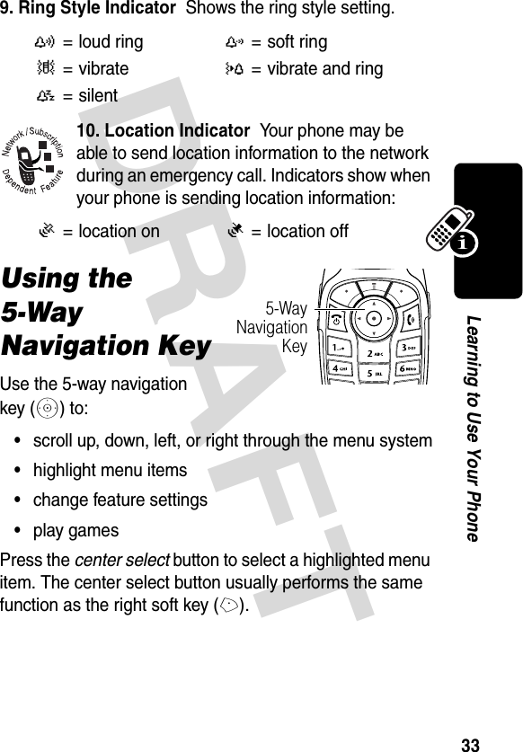 DRAFT 33Learning to Use Your Phone9. Ring Style Indicator  Shows the ring style setting.10. Location Indicator  Your phone may be able to send location information to the network during an emergency call. Indicators show when your phone is sending location information:Using the 5-Way Navigation KeyUse the 5-way navigation key (S) to:•scroll up, down, left, or right through the menu system•highlight menu items•change feature settings•play gamesPress the center select button to select a highlighted menu item. The center select button usually performs the same function as the right soft key (+).y= loud ringz=soft ring|=vibrate}= vibrate and ring{= silentÖ= location onÑ= location off5-WayNavigationKey