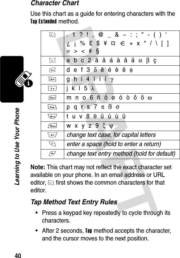 DRAFT 40Learning to Use Your PhoneCharacter ChartUse this chart as a guide for entering characters with the Tap Extended method.Note: This chart may not reflect the exact character set available on your phone. In an email address or URL editor, 1 first shows the common characters for that editor.Tap Method Text Entry Rules•Press a keypad key repeatedly to cycle through its characters.•After 2 seconds, Tap method accepts the character, and the cursor moves to the next position.1  . 1 ? ! , @ _ &amp; ~ : ; &quot; - ( ) &apos;¿ ¡ % £ $ ¥     + x * / \ [ ]= &gt; &lt; # §2  a b c 2 ä å á à â ã α β ç3  d e f 3 δ ë é è ê φ4  g h i 4 ï í î γ5  j k l 5 λ6  m n o 6 ñ ö ø ó ò ô õ ω7  p q r s 7 π ß σ8  t u v 8 θ ü ú ù û9  w x y z 9 ξ ψ0 change text case, for capital letters * enter a space (hold to enter a return) # change text entry method (hold for default) 