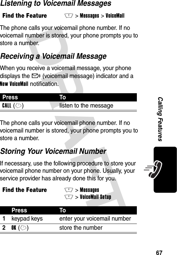 DRAFT 67Calling FeaturesListening to Voicemail MessagesThe phone calls your voicemail phone number. If no voicemail number is stored, your phone prompts you to store a number.Receiving a Voicemail MessageWhen you receive a voicemail message, your phone displays the &amp; (voicemail message) indicator and a New VoiceMail notification.The phone calls your voicemail phone number. If no voicemail number is stored, your phone prompts you to store a number.Storing Your Voicemail NumberIf necessary, use the following procedure to store your voicemail phone number on your phone. Usually, your service provider has already done this for you.Find the FeatureM&gt;Messages &gt;VoiceMailPress ToCALL(+) listen to the messageFind the FeatureM&gt;MessagesM&gt;VoiceMail SetupPress To1keypad keys enter your voicemail number2OK(+) store the number