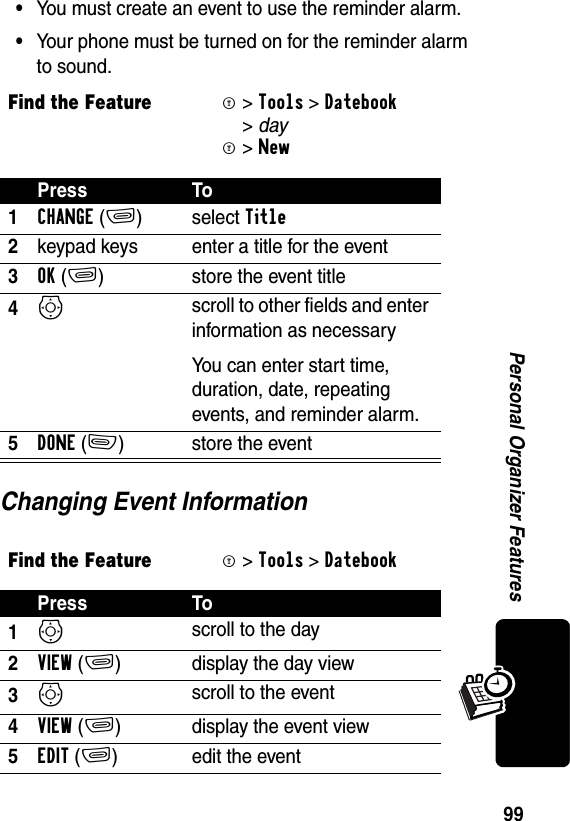 99Personal Organizer Features•You must create an event to use the reminder alarm.•Your phone must be turned on for the reminder alarm to sound.Changing Event InformationFind the FeatureM&gt;Tools &gt;Datebook &gt;dayM&gt;NewPress To1CHANGE(+)select Title2keypad keys  enter a title for the event3OK(+) store the event title4S scroll to other fields and enter information as necessaryYou can enter start time, duration, date, repeating events, and reminder alarm.5DONE(-) store the eventFind the FeatureM&gt;Tools &gt;Datebook Press To1S scroll to the day2VIEW(+) display the day view3S scroll to the event 4VIEW(+) display the event view5EDIT(+) edit the event