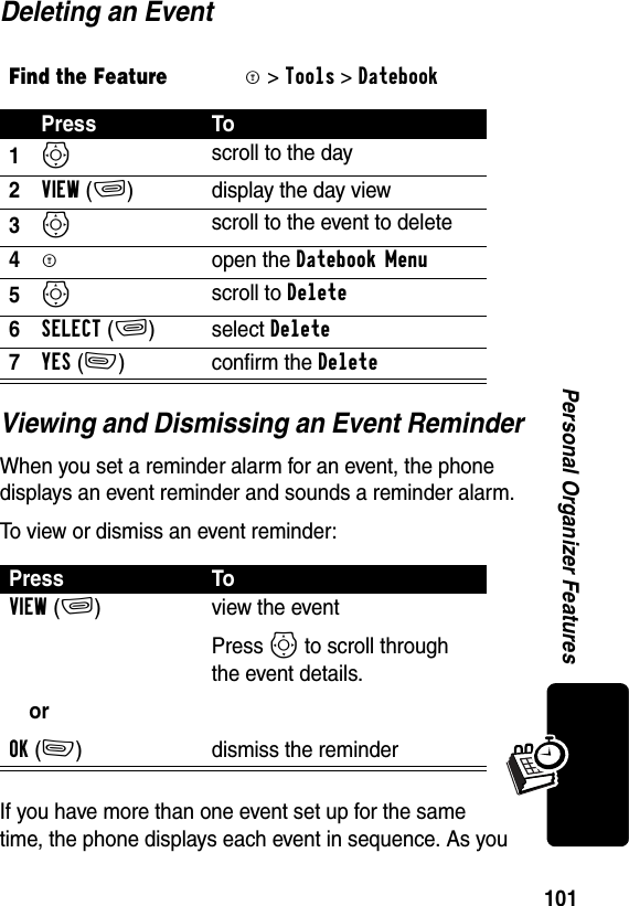 101Personal Organizer FeaturesDeleting an EventViewing and Dismissing an Event ReminderWhen you set a reminder alarm for an event, the phone displays an event reminder and sounds a reminder alarm.To view or dismiss an event reminder:If you have more than one event set up for the same time, the phone displays each event in sequence. As you Find the FeatureM&gt;Tools &gt;DatebookPress To1S scroll to the day2VIEW(+) display the day view3S scroll to the event to delete4M  open the Datebook Menu5S scroll to Delete6SELECT(+)select Delete7YES(-) confirm the DeletePress ToVIEW(+)orOK(-)view the eventPress S to scroll through the event details.dismiss the reminder