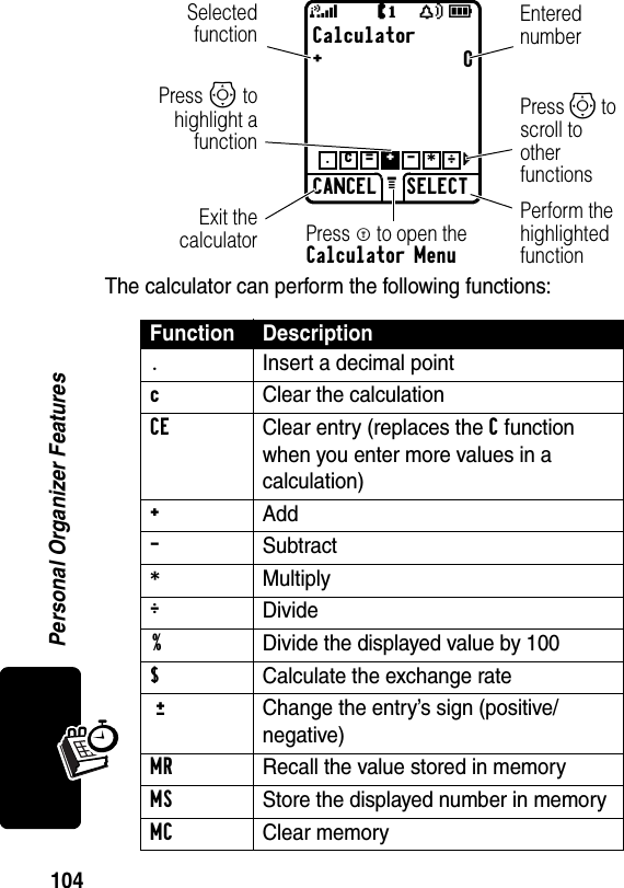 104Personal Organizer FeaturesThe calculator can perform the following functions:Function Description.  Insert a decimal pointc  Clear the calculationCE  Clear entry (replaces the C function when you enter more values in a calculation)+  Add-  Subtract*  Multiply÷  Divide%  Divide the displayed value by 100$  Calculate the exchange rate ±Change the entry’s sign (positive/negative)MR  Recall the value stored in memoryMS  Store the displayed number in memoryMC  Clear memoryJY59Calculator+0cCANCEL SELECTG.+=c-*÷SelectedfunctionPerform the highlighted functionPress M to open the Calculator MenuExit thecalculatorEntered numberPress S to scroll to other functionsPress S tohighlight afunction