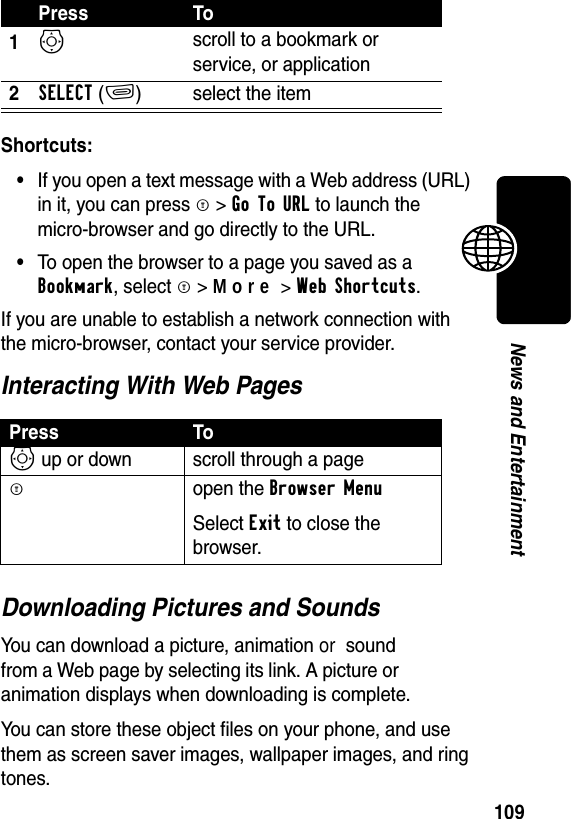 109News and EntertainmentShortcuts:•If you open a text message with a Web address (URL) in it, you can press M&gt;Go To URL to launch the micro-browser and go directly to the URL.•To open the browser to a page you saved as a Bookmark, select M&gt;More&gt;WebShortcuts.If you are unable to establish a network connection with the micro-browser, contact your service provider.Interacting With Web PagesDownloading Pictures and SoundsYou can download a picture, animation or  soundfrom a Web page by selecting its link. A picture or animation displays when downloading is complete. You can store these object files on your phone, and use them as screen saver images, wallpaper images, and ring tones. Press To1S scroll to a bookmark or service, or application2SELECT(+) select the itemPress ToS up or down scroll through a pageMopen the Browser Menu Select Exit to close the browser.