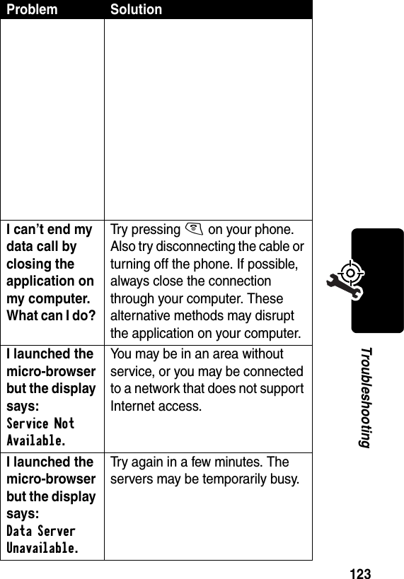 123Troubleshooting     I can’t end my data call by closing the application on my computer. What can I do? Try pressing O on your phone. Also try disconnecting the cable or turning off the phone. If possible, always close the connection through your computer. These alternative methods may disrupt the application on your computer.I launched the micro-browser but the display says: Service Not Available. You may be in an area without service, or you may be connected to a network that does not support Internet access.I launched the micro-browser but the display says: Data Server Unavailable. Try again in a few minutes. The servers may be temporarily busy.Problem Solution