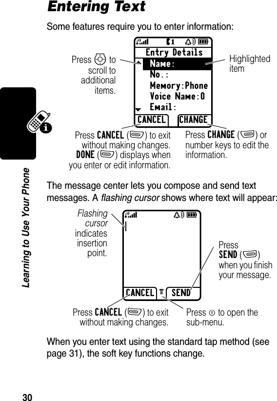 30Learning to Use Your PhoneEntering TextSome features require you to enter information:The message center lets you compose and send text messages. A flashing cursor shows where text will appear:When you enter text using the standard tap method (see page 31), the soft key functions change.Entry DetailsName:No.:Memory:PhoneVoice Name:0Email:CANCEL CHANGEJY59edPress S toscroll toadditionalitems.Press CANCEL(-) to exitwithout making changes.DONE(-) displays whenyou enter or edit information.Press CHANGE(+) or number keys to edit the information.Highlighted itemY59CANCEL SENDGPress SEND(+) when you finish your message.Press CANCEL(-) to exitwithout making changes.Flashingcursorindicatesinsertionpoint.Press M to open the sub-menu.