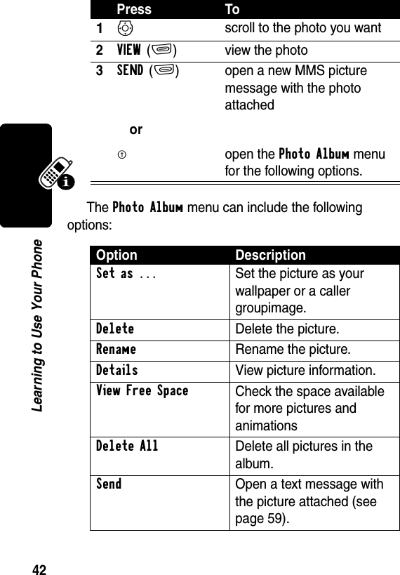 42Learning to Use Your PhoneThe Photo Album menu can include the following options:Press To1S scroll to the photo you want2VIEW(+) view the photo3SEND(+)orMopen a new MMS picture message with the photo attachedopen the Photo Album menu for the following options.Option DescriptionSet as ...  Set the picture as your wallpaper or a caller groupimage.Delete  Delete the picture.Rename  Rename the picture.Details  View picture information.View Free Space Check the space available for more pictures and animationsDelete All  Delete all pictures in the album.Send  Open a text message with the picture attached (see page 59).