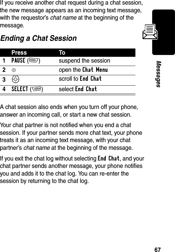 67MessagesIf you receive another chat request during a chat session, the new message appears as an incoming text message, with the requestor’s chat name at the beginning of the message.Ending a Chat SessionA chat session also ends when you turn off your phone, answer an incoming call, or start a new chat session.Your chat partner is not notified when you end a chat session. If your partner sends more chat text, your phone treats it as an incoming text message, with your chat partner’s chat name at the beginning of the message.If you exit the chat log without selecting End Chat, and your chat partner sends another message, your phone notifies you and adds it to the chat log. You can re-enter the session by returning to the chat log.Press To1PAUSE(-) suspend the session2M  open the Chat Menu 3S scroll to End Chat 4SELECT (+)select End Chat