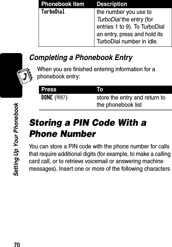 70Setting Up Your PhonebookCompleting a Phonebook EntryWhen you are finished entering information for a phonebook entry:Storing a PIN Code With a Phone NumberYou can store a PIN code with the phone number for calls that require additional digits (for example, to make a calling card call, or to retrieve voicemail or answering machine messages). Insert one or more of the following characters TurboDialthe number you use to TurboDial the entry (for entries 1 to 9). To TurboDial an entry, press and hold its TurboDial number in idle.Press ToDONE(-) store the entry and return to the phonebook listPhonebook item Description