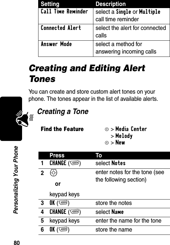 80Personalizing Your PhoneCreating and Editing Alert TonesYou can create and store custom alert tones on your phone. The tones appear in the list of available alerts.Creating a ToneCallTimeReminderselect a Single or Multiple call time reminderConnected Alertselect the alert for connected callsAnswer Modeselect a method for answering incoming calls Find the FeatureM&gt;Media Center &gt;Melody M&gt;NewPress To1CHANGE(+) select Notes 2S orkeypad keysenter notes for the tone (see the following section)3OK(+) store the notes4CHANGE(+) select Name5keypad keys enter the name for the tone6OK(+) store the nameSetting Description