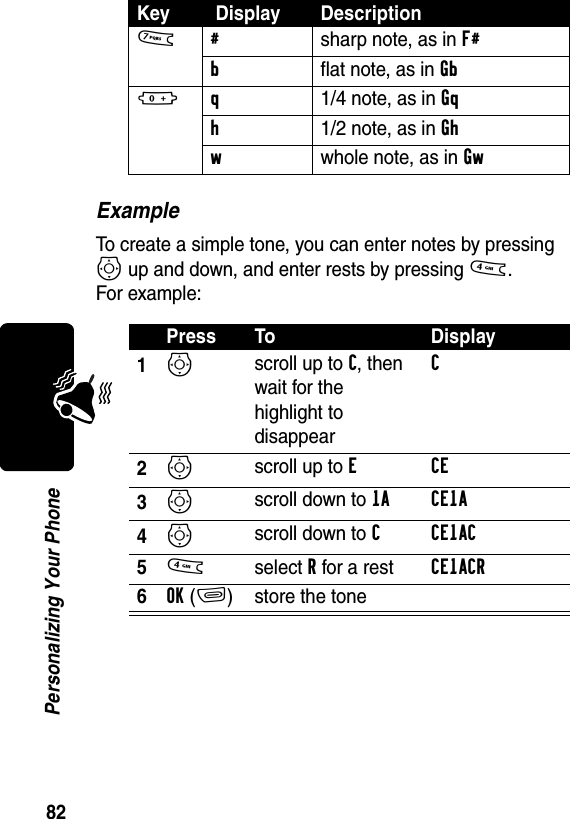 82Personalizing Your PhoneExampleTo create a simple tone, you can enter notes by pressing S up and down, and enter rests by pressing 4. For example:7 #  sharp note, as in F#b  flat note, as in Gb0 q  1/4 note, as in Gq h  1/2 note, as in Gh w  whole note, as in Gw Press To Display1S scroll up to C, then wait for the highlight to disappearC 2S scroll up to E CE 3S scroll down to 1A CE1A4S scroll down to C CE1AC 54  select R for a rest CE1ACR 6OK(+)  store the toneKey  Display Description