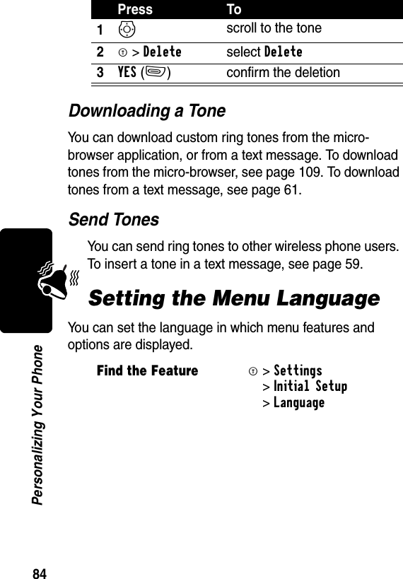 84Personalizing Your PhoneDownloading a ToneYou can download custom ring tones from the micro-browser application, or from a text message. To download tones from the micro-browser, see page 109. To download tones from a text message, see page 61.Send TonesYou can send ring tones to other wireless phone users. To insert a tone in a text message, see page 59.Setting the Menu LanguageYou can set the language in which menu features and options are displayed.Press To1S scroll to the tone2M &gt;Deleteselect Delete3YES(-) confirm the deletionFind the FeatureM&gt;Settings &gt;Initial Setup &gt;Language