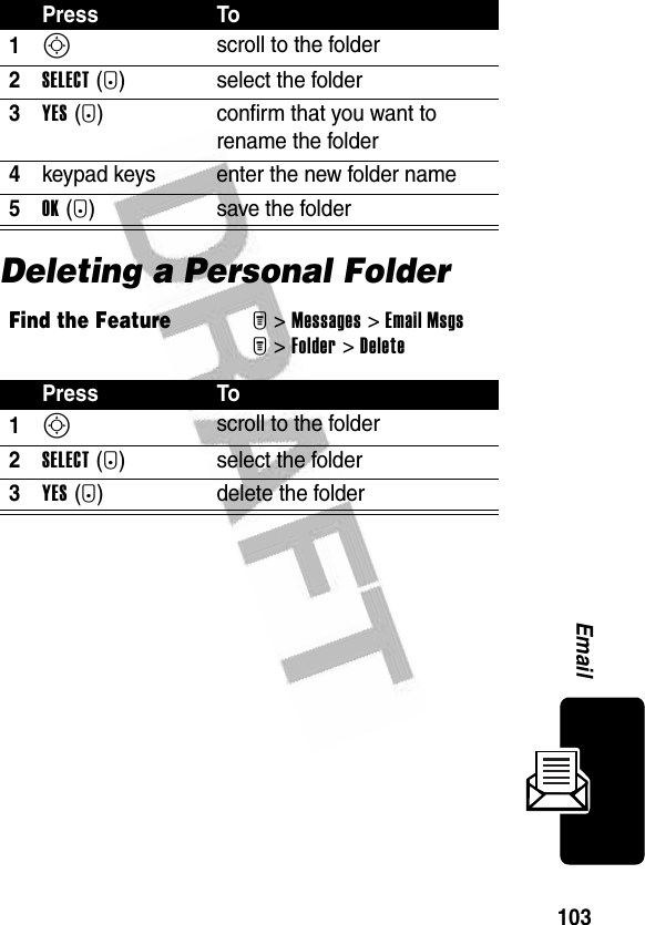 103EmailDeleting a Personal FolderPress To1S scroll to the folder2SELECT(+) select the folder3YES(+) confirm that you want to rename the folder4keypad keys enter the new folder name5OK(+) save the folderFind the FeatureM&gt;Messages &gt;Email MsgsM&gt;Folder &gt;DeletePress To1S scroll to the folder2SELECT(+) select the folder3YES(-) delete the folder