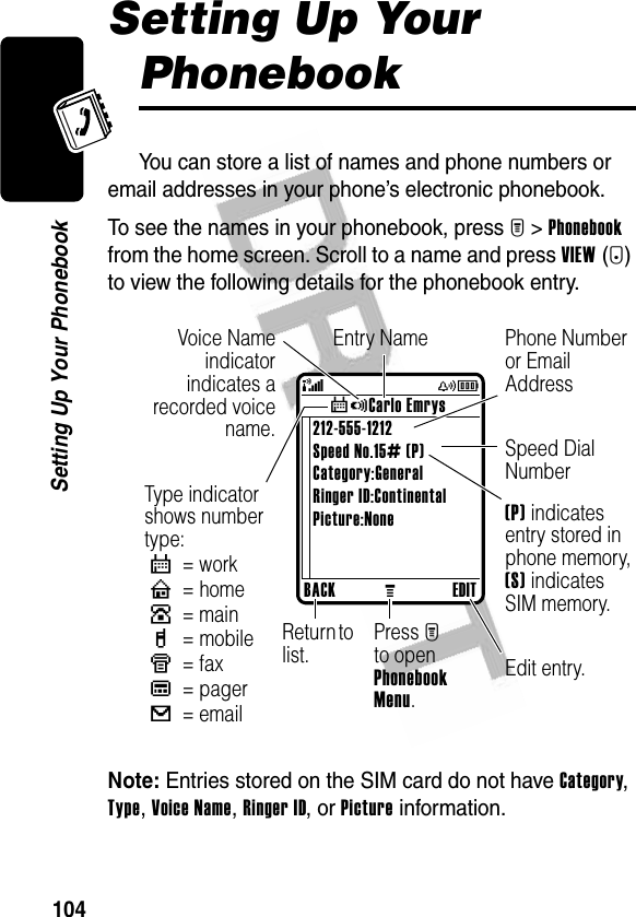 104Setting Up Your PhonebookSetting Up Your PhonebookYou can store a list of names and phone numbers or email addresses in your phone’s electronic phonebook.To see the names in your phonebook, press M&gt;Phonebook from the home screen. Scroll to a name and press VIEW(+) to view the following details for the phonebook entry.Note: Entries stored on the SIM card do not have Category, Type, Voice Name, Ringer ID, or Picture information.BACKMEDIT*Carlo Emrys212-555-1212Speed No.15# (P)Category:GeneralRinger ID:ContinentalPicture:None(P) indicates entry stored in phone memory, (S) indicates SIM memory.Type indicator shows number type:$= workU= homeS= mainh= mobileZ= faxp= pager[= emailEntry NameReturn to list.Speed Dial NumberVoice Nameindicatorindicates arecorded voicename.Phone Number or Email AddressPress Mto open Phonebook Menu.Edit entry.$(yÉ