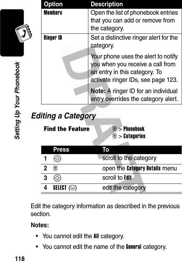 118Setting Up Your PhonebookEditing a CategoryEdit the category information as described in the previous section.Notes: •You cannot edit the All category.•You cannot edit the name of the General category.Members  Open the list of phonebook entries that you can add or remove from the category.Ringer ID  Set a distinctive ringer alert for the category.Your phone uses the alert to notify you when you receive a call from an entry in this category. To activate ringer IDs, see page 123.Note: A ringer ID for an individual entry overrides the category alert.Find the FeatureM&gt;PhonebookM&gt;CategoriesPress To1S scroll to the category2M open the Category Details menu3S scroll to Edit4SELECT(+) edit the categoryOption Description