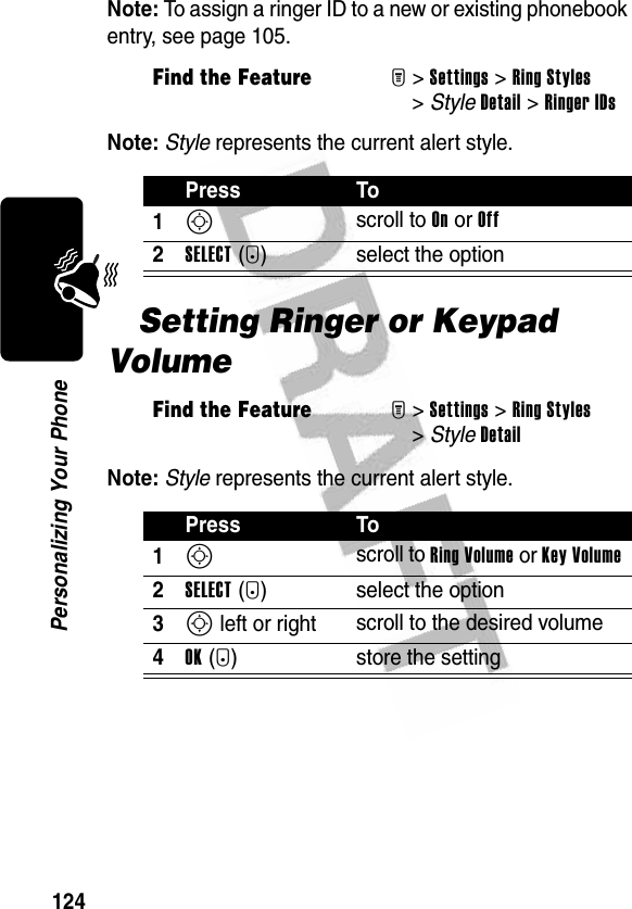 124Personalizing Your PhoneNote: To assign a ringer ID to a new or existing phonebook entry, see page 105.Note: Style represents the current alert style.Setting Ringer or Keypad VolumeNote: Style represents the current alert style.Find the FeatureM&gt;Settings &gt;Ring Styles &gt;StyleDetail &gt;Ringer IDsPress To1S scroll to On or Off2SELECT(+) select the optionFind the FeatureM&gt;Settings &gt;Ring Styles &gt;StyleDetailPress To1S scroll to Ring Volume or Key Volume2SELECT(+) select the option3S left or right  scroll to the desired volume4OK(+) store the setting