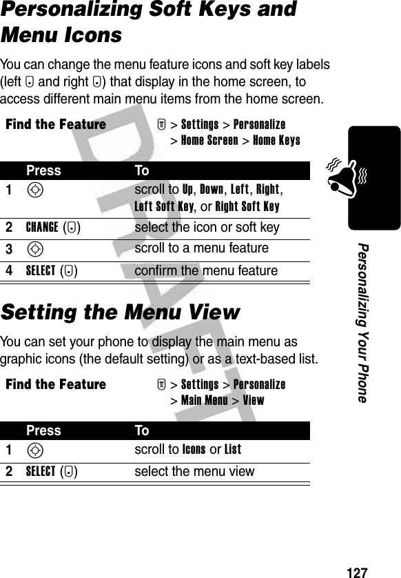 127Personalizing Your PhonePersonalizing Soft Keys and Menu IconsYou can change the menu feature icons and soft key labels (left - and right +) that display in the home screen, to access different main menu items from the home screen.Setting the Menu ViewYou can set your phone to display the main menu as graphic icons (the default setting) or as a text-based list.Find the FeatureM&gt;Settings &gt;Personalize &gt;Home Screen &gt;Home KeysPress To1S scroll to Up, Down, Left, Right, Left Soft Key, or RightSoftKey2CHANGE(+) select the icon or soft key3S scroll to a menu feature4SELECT(+) confirm the menu featureFind the FeatureM&gt;Settings &gt;Personalize &gt;Main Menu &gt;ViewPress To1S scroll to Icons or List2SELECT(+) select the menu view