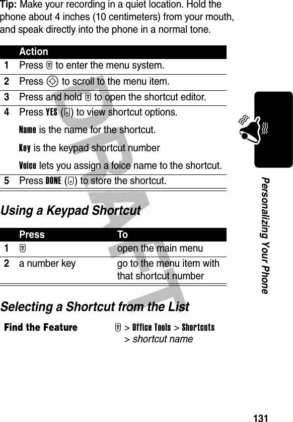 131Personalizing Your PhoneTip: Make your recording in a quiet location. Hold the phone about 4 inches (10 centimeters) from your mouth, and speak directly into the phone in a normal tone.Using a Keypad ShortcutSelecting a Shortcut from the ListAction1Press M to enter the menu system.2Press S to scroll to the menu item.3Press and hold M to open the shortcut editor.4Press YES(-) to view shortcut options.Name is the name for the shortcut.Key is the keypad shortcut numberVoice lets you assign a foice name to the shortcut.5Press DONE(-) to store the shortcut.Press To1M  open the main menu2a number key go to the menu item with that shortcut numberFind the FeatureM&gt;Office Tools &gt;Shortcuts &gt;shortcut name