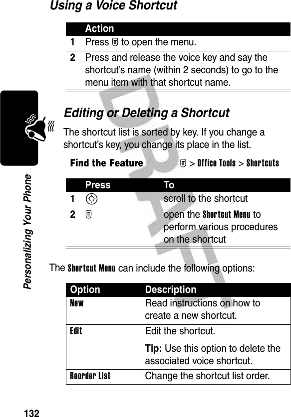 132Personalizing Your PhoneUsing a Voice ShortcutEditing or Deleting a ShortcutThe shortcut list is sorted by key. If you change a shortcut’s key, you change its place in the list.The Shortcut Menu can include the following options:Action1Press M to open the menu.2Press and release the voice key and say the shortcut’s name (within 2 seconds) to go to the menu item with that shortcut name.Find the FeatureM&gt;Office Tools &gt;ShortcutsPress To1S scroll to the shortcut2M open the Shortcut Menu to perform various procedures on the shortcutOption DescriptionNew  Read instructions on how to create a new shortcut.Edit  Edit the shortcut.Tip: Use this option to delete the associated voice shortcut.Reorder List  Change the shortcut list order.