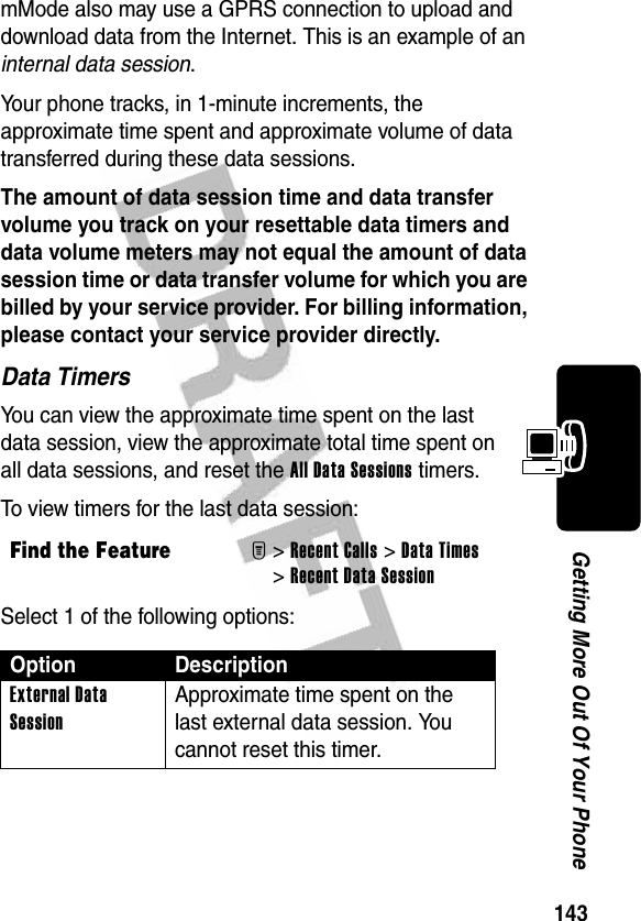 143Getting More Out Of Your PhonemMode also may use a GPRS connection to upload and download data from the Internet. This is an example of an internal data session.Your phone tracks, in 1-minute increments, the approximate time spent and approximate volume of data transferred during these data sessions.The amount of data session time and data transfer volume you track on your resettable data timers and data volume meters may not equal the amount of data session time or data transfer volume for which you are billed by your service provider. For billing information, please contact your service provider directly. Data TimersYou can view the approximate time spent on the last data session, view the approximate total time spent on all data sessions, and reset the All Data Sessions timers.To view timers for the last data session:Select 1 of the following options:Find the FeatureM&gt;Recent Calls &gt;Data Times &gt;Recent Data SessionOption DescriptionExternal Data Session Approximate time spent on the last external data session. You cannot reset this timer.