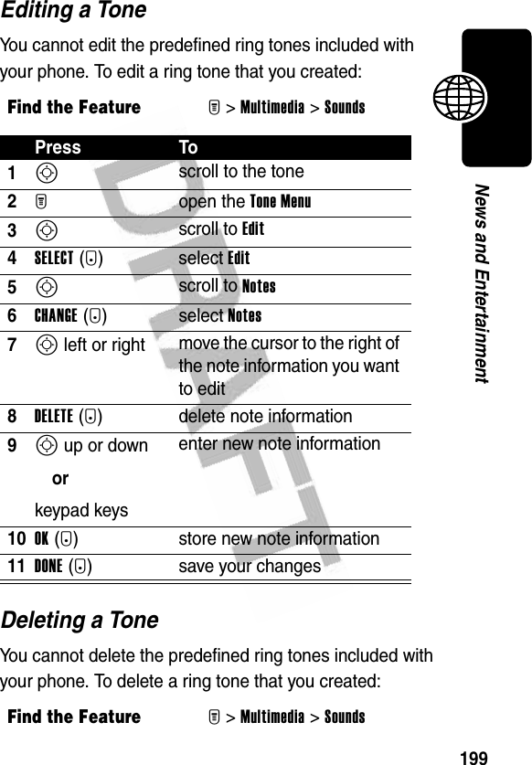 199News and EntertainmentEditing a ToneYou cannot edit the predefined ring tones included with your phone. To edit a ring tone that you created:Deleting a ToneYou cannot delete the predefined ring tones included with your phone. To delete a ring tone that you created:Find the FeatureM&gt;Multimedia &gt;Sounds Press To1S scroll to the tone2M open the Tone Menu3S scroll to Edit4SELECT(+) select Edit5S scroll to Notes6CHANGE(+)select Notes7S left or right move the cursor to the right of the note information you want to edit8DELETE(-) delete note information9S up or downorkeypad keysenter new note information10OK(+) store new note information11DONE(-) save your changesFind the FeatureM&gt;Multimedia &gt;Sounds 