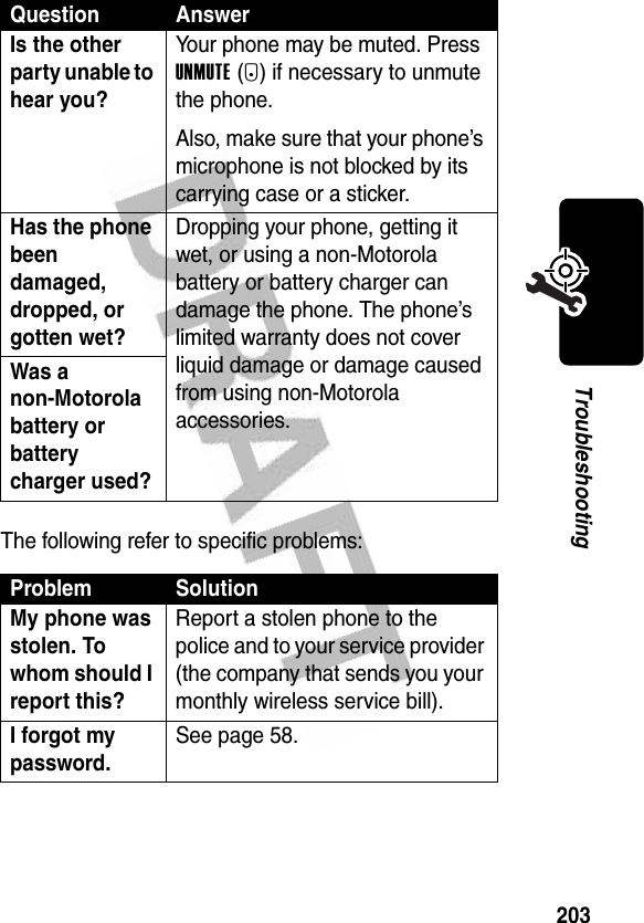 203TroubleshootingThe following refer to specific problems:Is the other party unable to hear you? Your phone may be muted. Press UNMUTE(+) if necessary to unmute the phone.Also, make sure that your phone’s microphone is not blocked by its carrying case or a sticker.Has the phone been damaged, dropped, or gotten wet? Dropping your phone, getting it wet, or using a non-Motorola battery or battery charger can damage the phone. The phone’s limited warranty does not cover liquid damage or damage caused from using non-Motorola accessories.Was a non-Motorola battery or battery charger used? Problem SolutionMy phone was stolen. To whom should I report this? Report a stolen phone to the police and to your service provider (the company that sends you your monthly wireless service bill).I forgot my password.See page 58.Question Answer