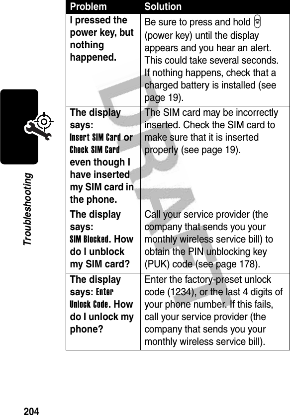 204TroubleshootingI pressed the power key, but nothing happened. Be sure to press and hold P (power key) until the display appears and you hear an alert. This could take several seconds. If nothing happens, check that a charged battery is installed (see page 19).The display says: Insert SIM Card or Check SIM Card even though I have inserted my SIM card in the phone.The SIM card may be incorrectly inserted. Check the SIM card to make sure that it is inserted properly (see page 19).The display says: SIM Blocked. How do I unblock my SIM card? Call your service provider (the company that sends you your monthly wireless service bill) to obtain the PIN unblocking key (PUK) code (see page 178).The display says: Enter Unlock Code. How do I unlock my phone? Enter the factory-preset unlock code (1234), or the last 4 digits of your phone number. If this fails, call your service provider (the company that sends you your monthly wireless service bill). Problem Solution