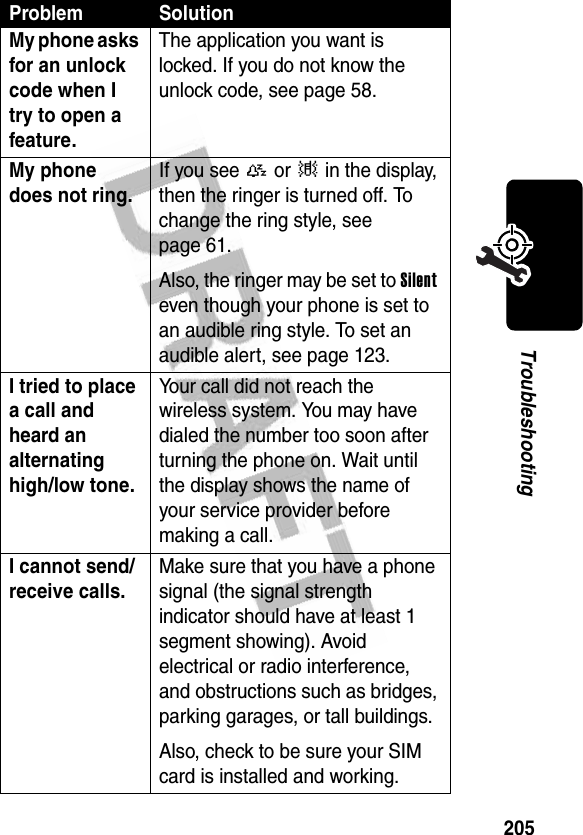 205TroubleshootingMy phone asks for an unlock code when I try to open a feature. The application you want is locked. If you do not know the unlock code, see page 58.My phone does not ring. If you see { or | in the display, then the ringer is turned off. To change the ring style, see page 61.Also, the ringer may be set to Silent even though your phone is set to an audible ring style. To set an audible alert, see page 123.I tried to place a call and heard an alternating high/low tone. Your call did not reach the wireless system. You may have dialed the number too soon after turning the phone on. Wait until the display shows the name of your service provider before making a call.I cannot send/receive calls. Make sure that you have a phone signal (the signal strength indicator should have at least 1 segment showing). Avoid electrical or radio interference, and obstructions such as bridges, parking garages, or tall buildings.Also, check to be sure your SIM card is installed and working.Problem Solution