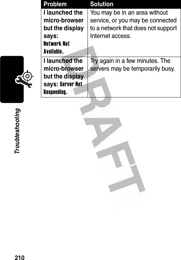 210TroubleshootingI launched the micro-browser but the display says: Network Not Available. You may be in an area without service, or you may be connected to a network that does not support Internet access.I launched the micro-browser but the display says: Server Not Responding. Try again in a few minutes. The servers may be temporarily busy.Problem Solution