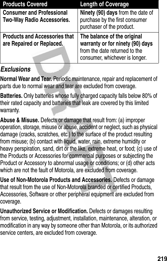 219ExclusionsNormal Wear and Tear. Periodic maintenance, repair and replacement of parts due to normal wear and tear are excluded from coverage.Batteries. Only batteries whose fully charged capacity falls below 80% of their rated capacity and batteries that leak are covered by this limited warranty.Abuse &amp; Misuse. Defects or damage that result from: (a) improper operation, storage, misuse or abuse, accident or neglect, such as physical damage (cracks, scratches, etc.) to the surface of the product resulting from misuse; (b) contact with liquid, water, rain, extreme humidity or heavy perspiration, sand, dirt or the like, extreme heat, or food; (c) use of the Products or Accessories for commercial purposes or subjecting the Product or Accessory to abnormal usage or conditions; or (d) other acts which are not the fault of Motorola, are excluded from coverage.Use of Non-Motorola Products and Accessories. Defects or damage that result from the use of Non-Motorola branded or certified Products, Accessories, Software or other peripheral equipment are excluded from coverage.Unauthorized Service or Modification. Defects or damages resulting from service, testing, adjustment, installation, maintenance, alteration, or modification in any way by someone other than Motorola, or its authorized service centers, are excluded from coverage.Consumer and Professional Two-Way Radio Accessories. Ninety (90) days from the date of purchase by the first consumer purchaser of the product.Products and Accessories that are Repaired or Replaced. The balance of the original warranty or for ninety (90) days from the date returned to the consumer, whichever is longer.Products Covered Length of Coverage