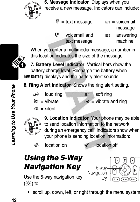 42Learning to Use Your Phone6. Message Indicator  Displays when you receive a new message. Indicators can include:When you enter a multimedia message, a number in this location indicates the size of the message.7. Battery Level Indicator  Vertical bars show the battery charge level. Recharge the battery when Low Battery displays and the battery alert sounds.8. Ring Alert Indicator  Shows the ring alert setting.9. Location Indicator  Your phone may be able to send location information to the network during an emergency call. Indicators show when your phone is sending location information:Using the 5-Way Navigation KeyUse the 5-way navigation key (S) to:•scroll up, down, left, or right through the menu systemr= text messaget= voicemail messages= voicemail and text messaget= answering machiney= loud ringz= soft ring|=vibrate}= vibrate and ring{= silentÖ= location onÑ= location off5-wayNavigationkey