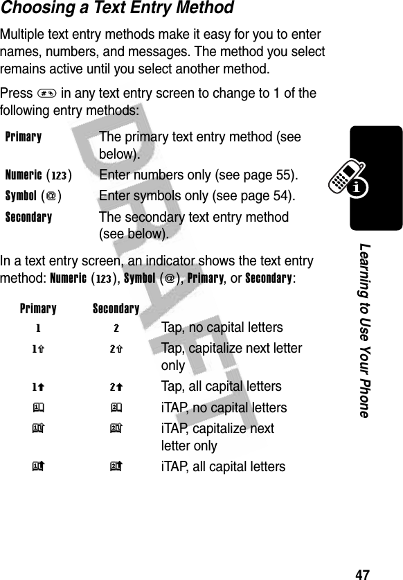 47Learning to Use Your PhoneChoosing a Text Entry MethodMultiple text entry methods make it easy for you to enter names, numbers, and messages. The method you select remains active until you select another method.Press # in any text entry screen to change to 1 of the following entry methods:In a text entry screen, an indicator shows the text entry method: Numeric (W), Symbol ([), Primary, or Secondary:Primary  The primary text entry method (see below).Numeric (W) Enter numbers only (see page 55).Symbol ([) Enter symbols only (see page 54).Secondary  The secondary text entry method (see below).Primary Secondary g m Tap, no capital lettersh q  Tap, capitalize next letter onlyf l  Tap, all capital lettersj p  iTAP, no capital lettersk n  iTAP, capitalize next letter onlyi o iTAP, all capital letters