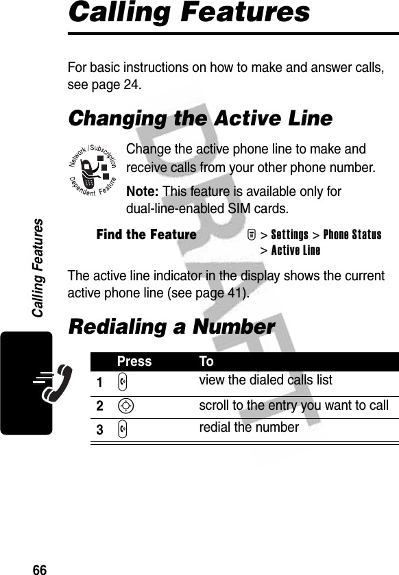 66Calling FeaturesCalling FeaturesFor basic instructions on how to make and answer calls, see page 24.Changing the Active LineChange the active phone line to make and receive calls from your other phone number.Note: This feature is available only for dual-line-enabled SIM cards.The active line indicator in the display shows the current active phone line (see page 41).Redialing a NumberFind the FeatureM&gt;Settings &gt;Phone Status &gt;Active LinePress To1N view the dialed calls list2S scroll to the entry you want to call3N redial the number