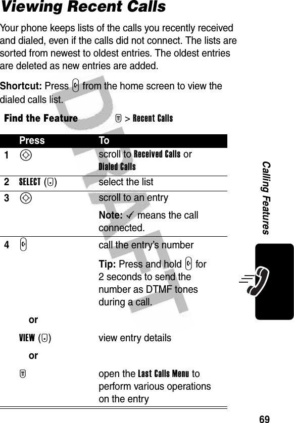 69Calling FeaturesViewing Recent CallsYour phone keeps lists of the calls you recently received and dialed, even if the calls did not connect. The lists are sorted from newest to oldest entries. The oldest entries are deleted as new entries are added.Shortcut: Press N from the home screen to view the dialed calls list.Find the FeatureM&gt;Recent CallsPress To1S scroll to Received Calls or Dialed Calls2SELECT(+) select the list3S scroll to an entryNote: &lt; means the call connected.4N orVIEW(+)orM call the entry’s numberTip: Press and hold N for 2 seconds to send the number as DTMF tones during a call.view entry detailsopen the Last Calls Menu to perform various operations on the entry