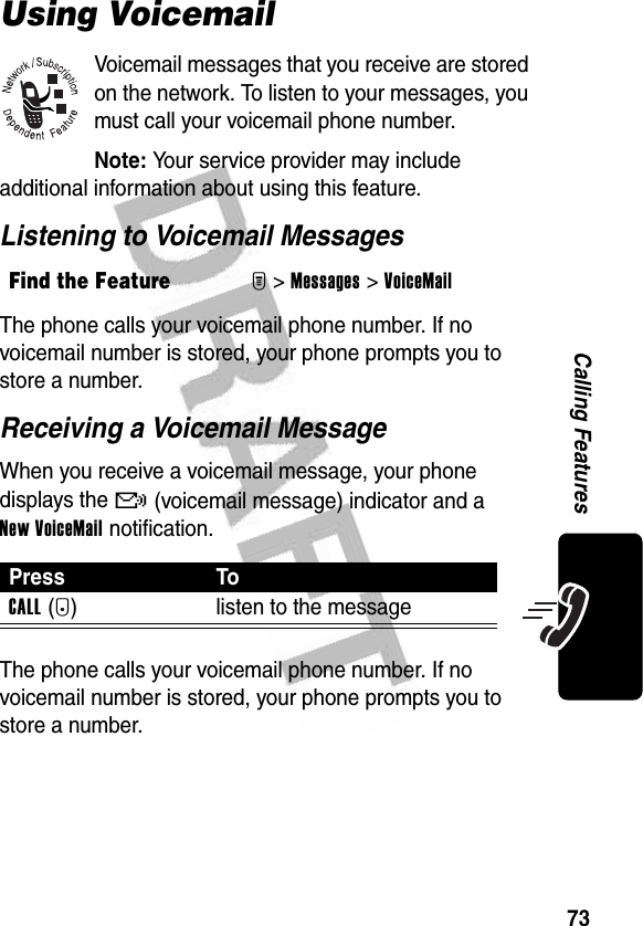 73Calling FeaturesUsing VoicemailVoicemail messages that you receive are stored on the network. To listen to your messages, you must call your voicemail phone number.Note: Your service provider may include additional information about using this feature.Listening to Voicemail MessagesThe phone calls your voicemail phone number. If no voicemail number is stored, your phone prompts you to store a number.Receiving a Voicemail MessageWhen you receive a voicemail message, your phone displays the &amp; (voicemail message) indicator and a New VoiceMail notification.The phone calls your voicemail phone number. If no voicemail number is stored, your phone prompts you to store a number.Find the FeatureM&gt;Messages &gt;VoiceMailPress ToCALL(+) listen to the message